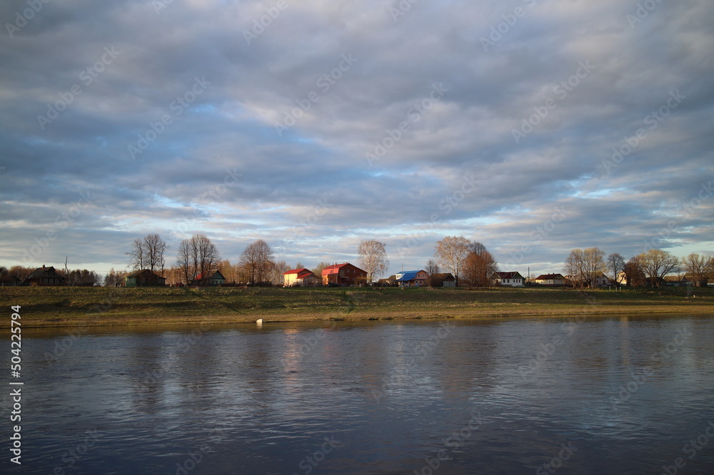 Evening on the river in the countryside in spring