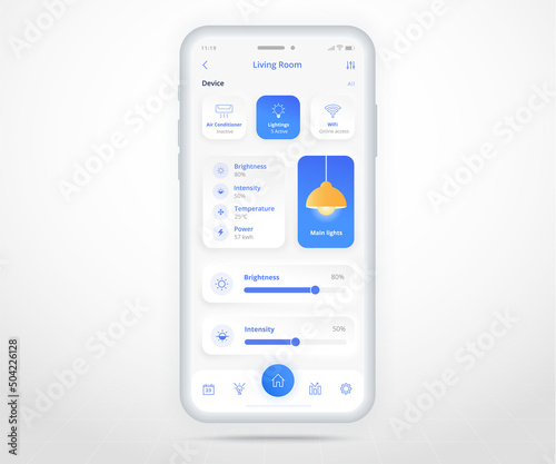 Smartphone smart home lighting controlled app UX UI, IOT Internet of things technology, Digital future home automation tech, smart devices application phone, Wifi cctv heating air, vector illustration