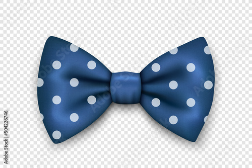Vector 3d Realistic Blue Textured Polka Dot Bow Tie Icon Closeup Isolated. Silk Glossy Bowtie, Tie Gentleman. Mockup, Design Template. Bow tie for Man. Mens Fashion, Fathers Day Holiday photo