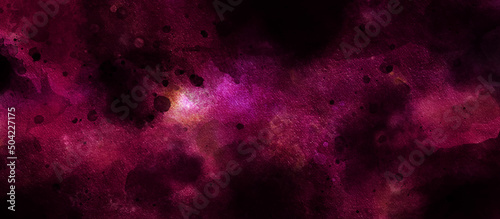 Cosmic neon dark purple watercolor background. Paper textured aquarelle deep black canvas for modern creative design. Watercolor background Space, nebula, night Star sky posters, banners, web design 