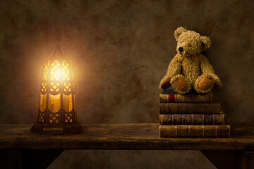 Wooden shelf with lantern