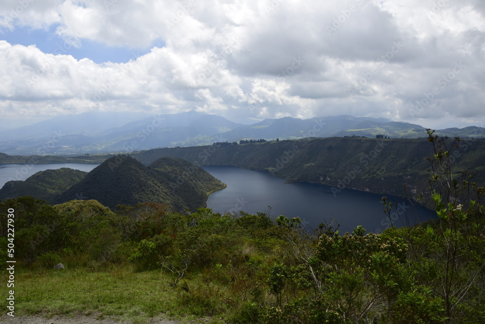 Laguna Cuicocha, beautiful blue lagoon with islands inside the crater of the Cotacachi volcano