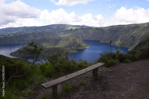 bench on the edge of the volcano crater Cuicocha