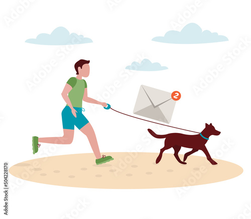 Man with a dog on a leash runs along the beach and it is clear that he has unread messages. Vector graphic.	