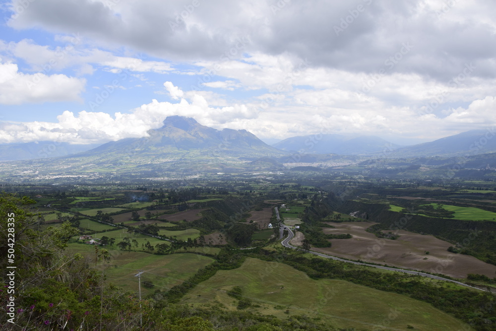 View of the small town of Otavalo at the foot of the mountain. Ecuador