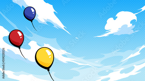 かっこいい雲と空ひ浮かぶ風船の背景イラスト_アメコミ風_16:9
