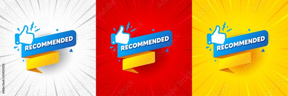 Recommended paper banner. Flash offer banner, coupon or poster. Best deal tag. Bubble with thumbs up icon. Recommended banner promo banner. Retail marketing flyer. Starburst pop art. Vector