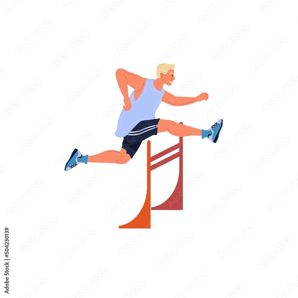 Vector flat cartoon man character runs,jumping over barrier isolated on empty background.Young athlete doing sports,hurdling-healthy lifestyle,professional sport concept,web site banner ad design