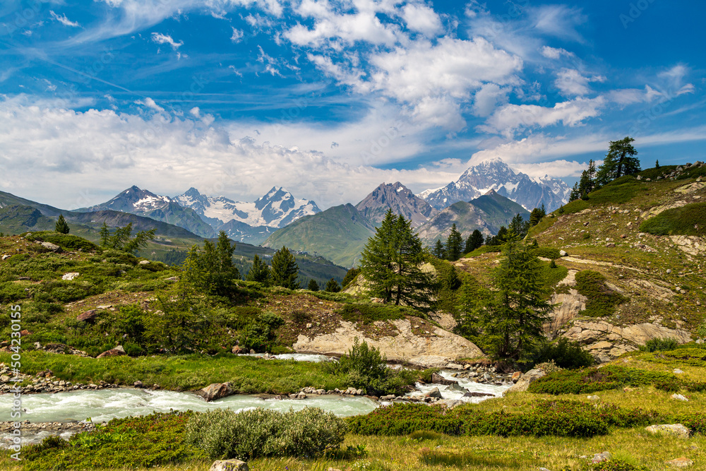 The beautiful mountains and lakes over La Thuile in a summer day