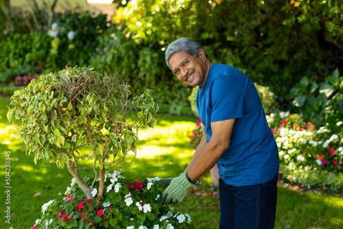 Portrait of smiling biracial senior man wearing gloves touching flowers while standing in yard