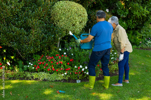 Biracial senior woman standing with husband watering flowers and plants with watering can in yard