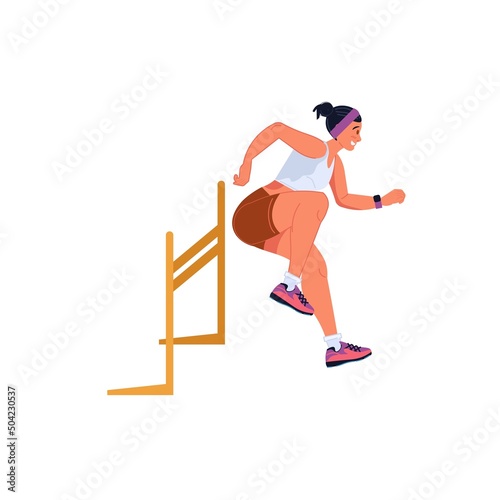 Vector flat cartoon woman character runs jumping over barrier isolated on empty background.Young athlete doing sports hurdling-healthy lifestyle professional sport concept web site banner ad design