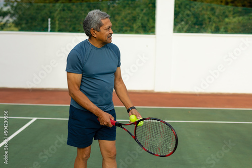 Confident biracial senior man holding racket and ball looking away while standing at tennis court
