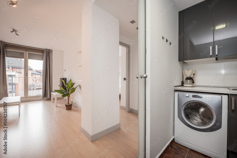 Kitchen with gloss gray cabinets, white countertop above washing machine, and living room with side tables Kitchen with gloss gray cabinets, white countertop above washing machine, and living room with side tables