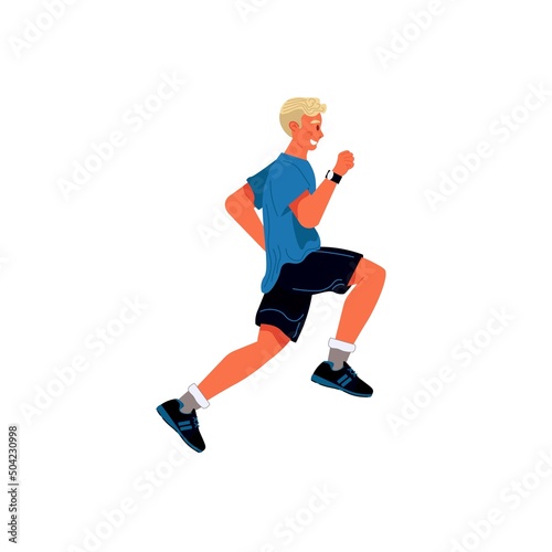 Vector flat cartoon man character runs isolated on empty background.Stylish young athlete doing sports,running-life scene,healthy sporty lifestyle social concept,web site banner ad design © VectorSpace