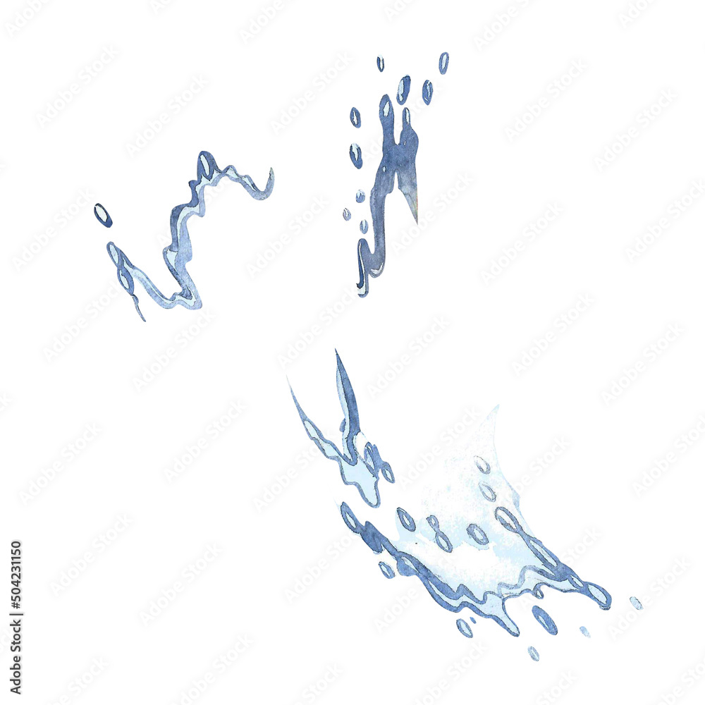 Fototapeta premium Realistic transparent isolated watercolor set splash of water with drops, a splash of falling water. Watercolor hand painted illustration on white background.