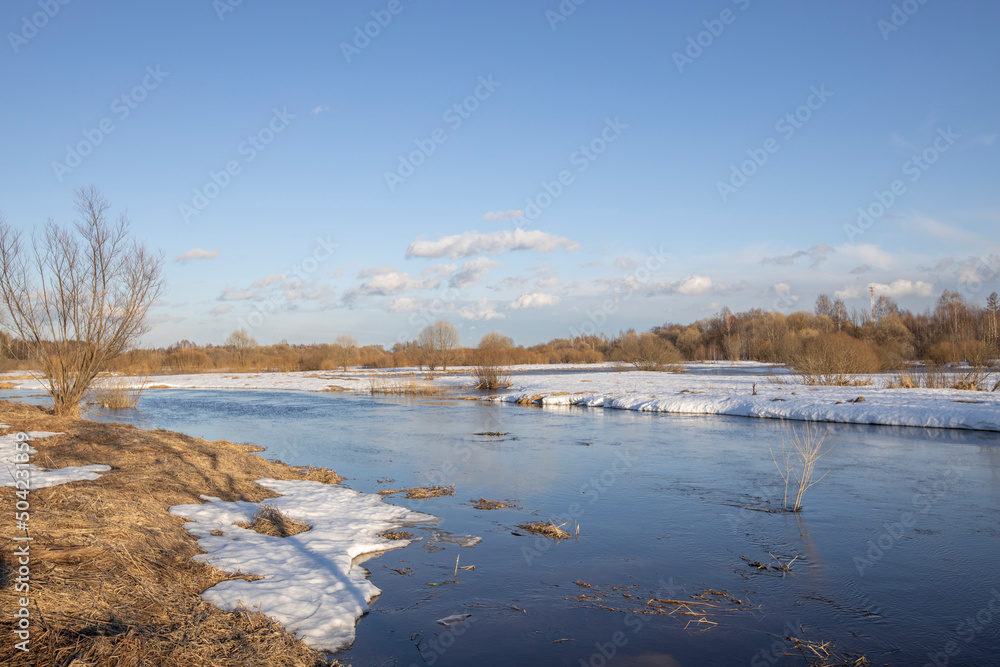 A picturesque landscape, early spring, a river with snow-covered banks, dry grass and bushes. March sunny day by the river. The first thaws, the snow is melting. A picturesque landscape, early spring, a river with snow-covered banks, dry grass and bushes. March sunny day by the river. The first thaws, the snow is melting.
