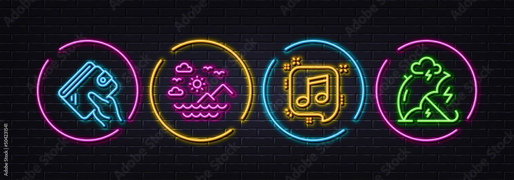 Musical note, Wallet and Sea mountains minimal line icons. Neon laser 3d lights. Stress protection icons. For web, application, printing. Speech bubble, Money budget, Summer travel. Vector Musical note, Wallet and Sea mountains minimal line icons. Neon laser 3d lights. Stress protection icons. For web, application, printing. Speech bubble, Money budget, Summer travel. Vector