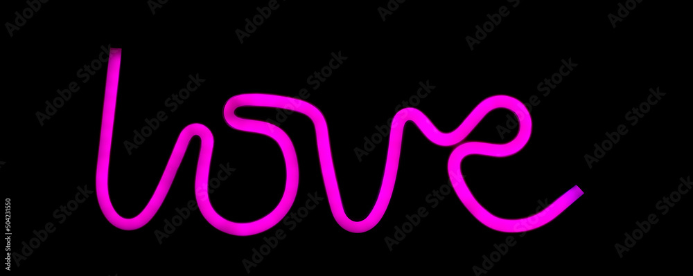 Beautiful neon inscription love in purple on a black background. Photo of a glowing inscription love. Beautiful neon inscription love in purple on a black background. Photo of a glowing inscription love.