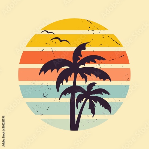 Vintage sunset graphic. Sunset in 80s or 90s style. Geometric style. Palm trees and seagulls against the backdrop of retro sunset in the shape of circle. Flat vector illustration in grunge style.