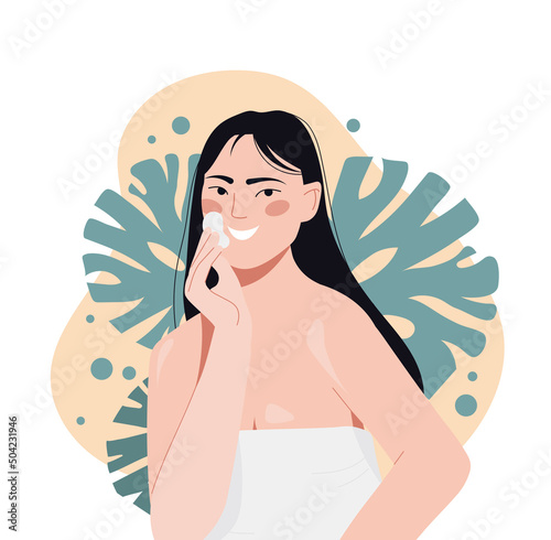 Woman clean face. Young girl applies cosmetic product on her face, spa treatments for youthful skin. Beauty and hygiene. Refreshing mask made from natural elements. Cartoon flat vector illustration
