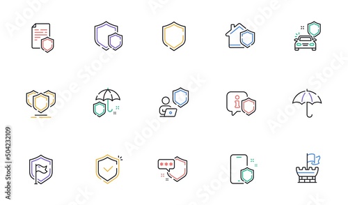 Defense line icons. Car insurance, Secure shield and Safe umbrella. Safety risk, Computer security and Defense privacy icons. Secure online information, Tower castle and protect shield. Vector