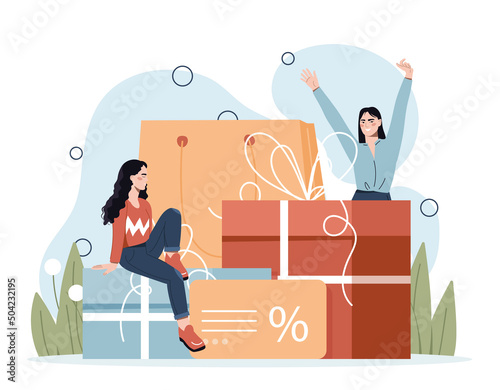Loyalty program concept. Girls among big boxes. Advertising poster or banner for website. Discounts and special offers, promotions. Girlfriends buy gifts online. Cartoon flat vector illustration