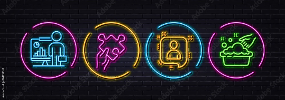 Developers chat, Teacher and Puzzle minimal line icons. Neon laser 3d lights. Hand washing icons. For web, application, printing. Manager talk, Conference, Jigsaw game. Laundry basin. Vector
