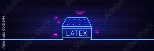 Neon light glow effect. Mattress line icon. Orthopedic latex pad sign. Breathable sleep bed symbol. 3d line neon glow icon. Brick wall banner. Latex mattress outline. Vector