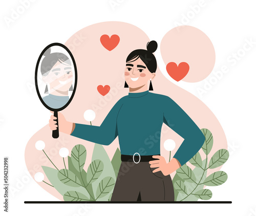 Love of self. Young girl looks at her reflection in mirror and smiles. Character pleased with appearance and body. Positive psychology and optimism, high self esteem. Cartoon flat vector illustration