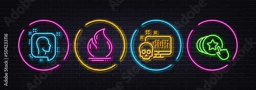 Fire energy, Head and Cyber attack minimal line icons. Neon laser 3d lights. Hold heart icons. For web, application, printing. Heating, Profile messages, Computer malware. Love brand. Vector