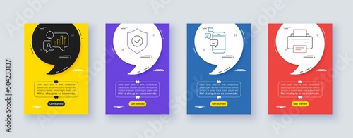 Set of Security shield, Seo statistics and Communication line icons. Poster offer frame with quote, comma. Include Printer icons. For web, application. Vector