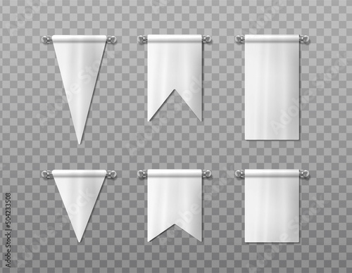 3d realistic vector icon set. white mockup hanging pennant in different shapes, hanging banner flag. 