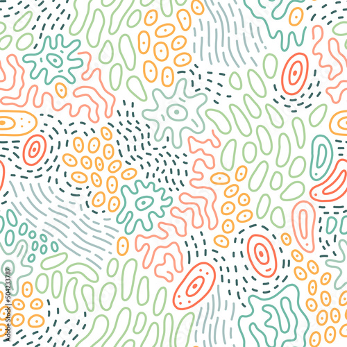 Abstract doodle pattern with microbe, virus, bacteria. Vector seamless background with fantasy microorganism, mold, cell, germ, probiotic etc. 