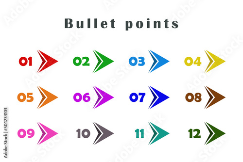 Colorful bullet points arrows, numbers from 1 to 12. Infographics. Vector design.