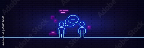 Neon light glow effect. Consulting business line icon. Discussion or consultation sign. People communication management symbol. 3d line neon glow icon. Brick wall banner. Vector