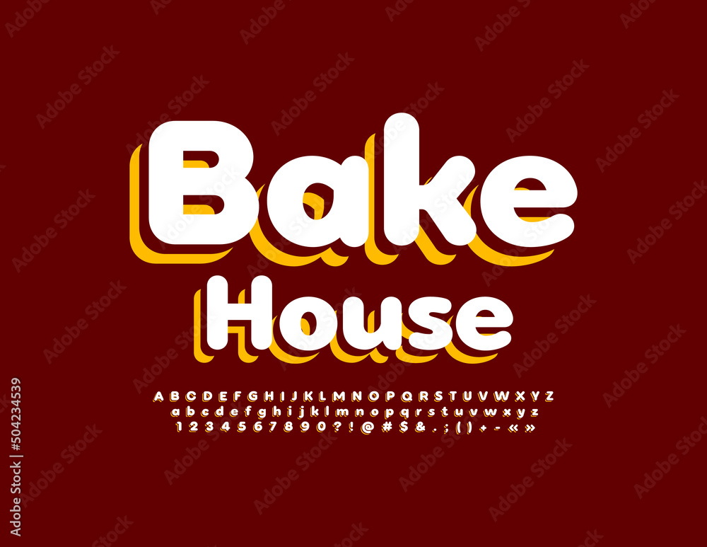 Vector advertising logo Bake House. Bright layered Font. Artistic Alphabet Letters and Numbers