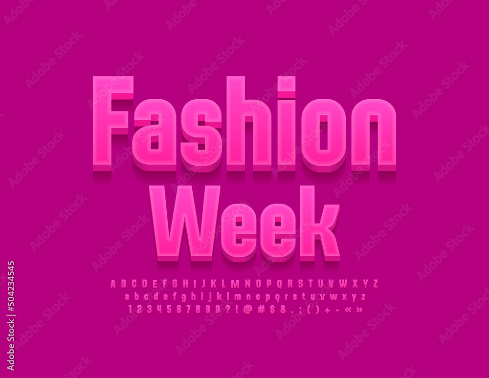 Vector stylish Poster Fashion Week. Elegant Pink 3D Font. Modern Artistic Alphabet Letters, Numbers and Symbols set