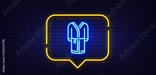 Neon light speech bubble. Bathrobe line icon. Housecoat robe sign. Fabric dressing gown symbol. Neon light background. Bathrobe glow line. Brick wall banner. Vector