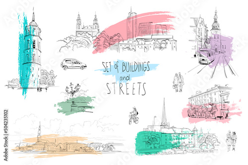 Set of buildings and streets, architectural facade elements hand drawn sketch. Europe city. Art vector illustration. 