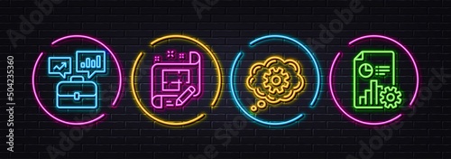 Business portfolio, Cogwheel and Architect plan minimal line icons. Neon laser 3d lights. Report icons. For web, application, printing. Job interview, Engineering tool, Engineering plan. Vector