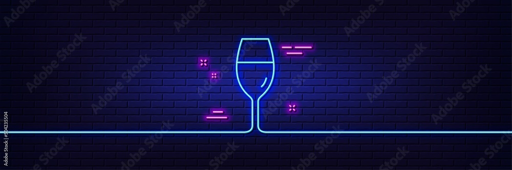 Neon light glow effect. Wine glass line icon. Burgundy glass sign. 3d line neon glow icon. Brick wall banner. Wineglass outline. Vector Neon light glow effect. Wine glass line icon. Burgundy glass sign. 3d line neon glow icon. Brick wall banner. Wineglass outline. Vector