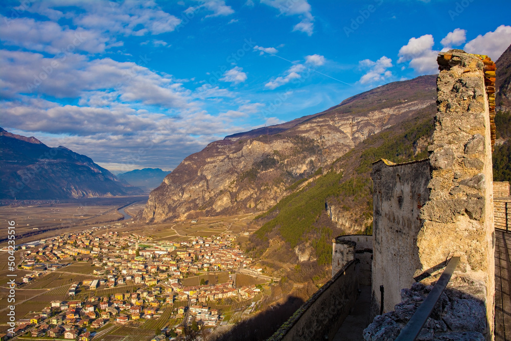 The view from the medieval 12th century Beseno Castle in Lagarina Valley in Trentino, north east Italy. Besseno and the river Adige are in the background
