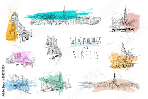 Set of buildings and streets, architectural facade elements hand drawn sketch. Europe city. Art vector illustration. 