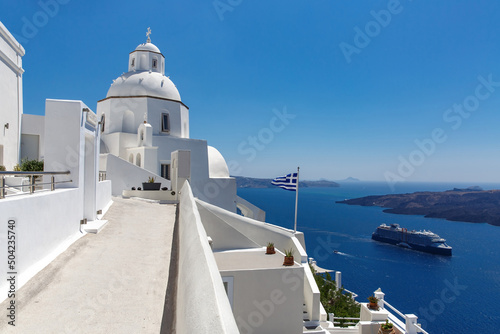 View of white greek houses on the sea coast of Santorini island, Greece