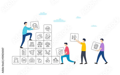 Voting line icons. People team work concept. Public Election, Vote Box, Ballot Paper icons. Candidate, Politics voting and People vote. Government election, Raised hands, Document checklist. Vector