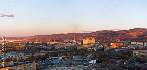Panorama of the Siberian city of Krasnoyarsk. Mountains and Right Bank. Evening lighting © Евгений Казанцев