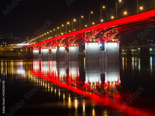 Siberian city of Krasnoyarsk. View of the new road bridge. Night shooting