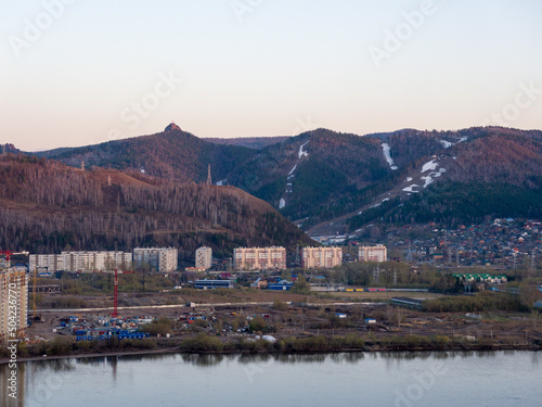 Siberian city of Krasnoyarsk. View of the mountains and the Right Bank. Beautiful landscape