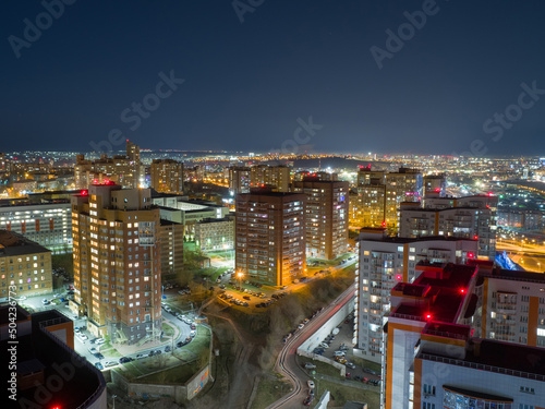 Siberian city of Krasnoyarsk. View from above. Night shooting